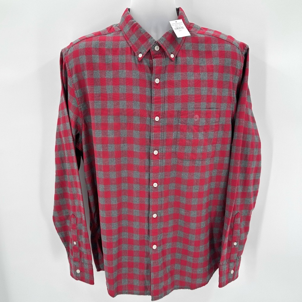 American Eagle Shirt Men’s L Red Gray Check Classic Fit L/S Button Down Top NWT